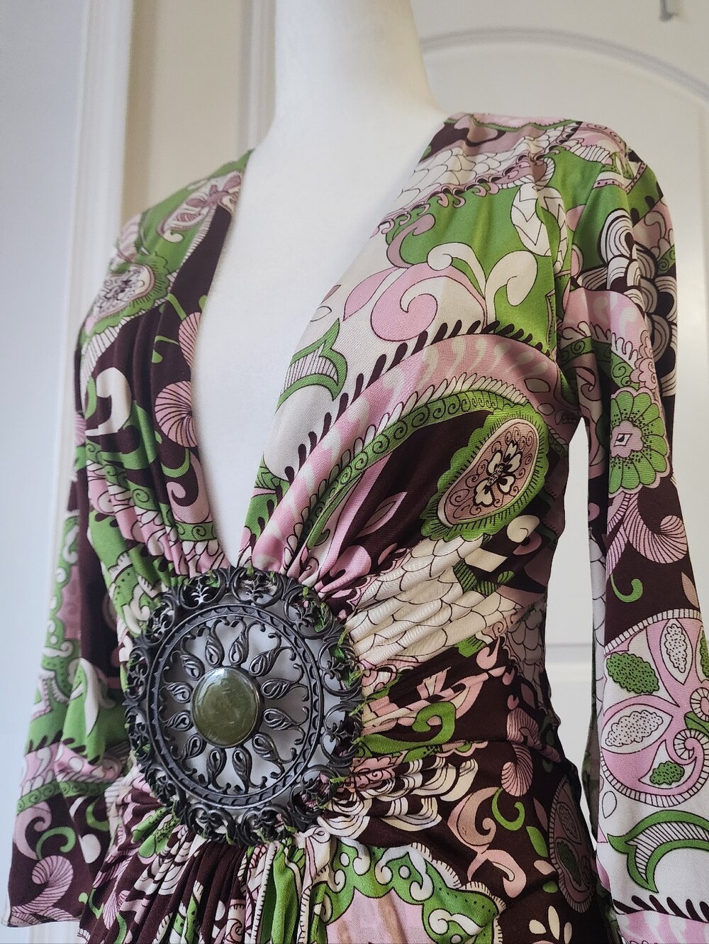 V-Neck Printed Wrap Dress in Green and Pink